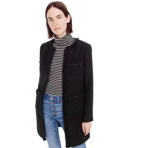 J.Crew Lady Day Coat Wool Blend Tweed Fringe Trim Women's Size 00 Black Ladyday - Picture 1 of 9